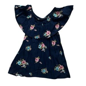 🆕 Kids Navy Blue Floral Ruffle Sleeve Top Size 12